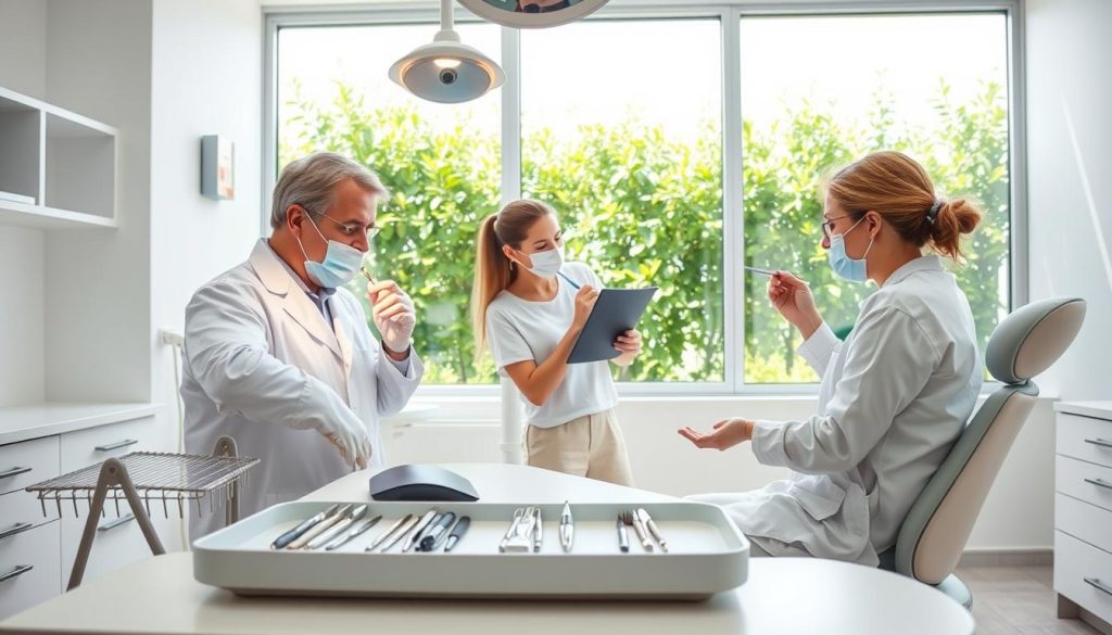A brightly lit dental office, with a modern and clean aesthetic. In the foreground, a dentist in a white coat examines a patient's teeth, using a dental mirror and probe. Beside them, an array of dental tools and instruments neatly arranged on a tray. In the middle ground, a dental hygienist demonstrates proper brushing and flossing techniques to another patient, emphasizing the importance of daily oral hygiene. The background features a large window overlooking a lush, verdant garden, creating a calming and relaxing atmosphere. The overall scene conveys a sense of professionalism, care, and the proactive approach to maintaining oral health.