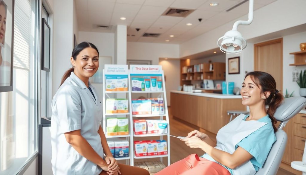 A clean, well-lit dental clinic interior with a warm, inviting atmosphere. In the foreground, a smiling dental hygienist assisting a patient in a comfortable chair. On the middle ground, a display of affordable dental care products and packages. In the background, a reception desk with a friendly staff member providing information. Soft, diffused lighting creates a calming ambiance, and the overall scene conveys a sense of professionalism and accessibility for budget-conscious oral health needs.