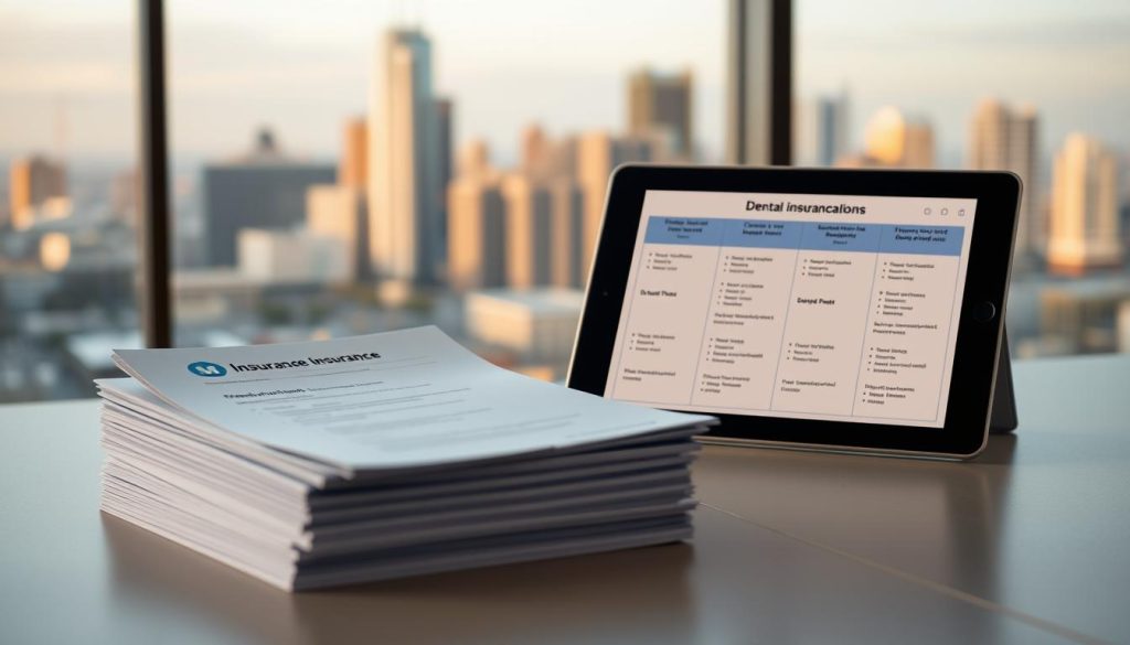 A detailed comparison of dental insurance plans, featuring a clean, professional layout. In the foreground, a stack of insurance documents, each with a distinct logo and branding, laid out on a modern, minimalist desk. The middle ground showcases a sleek tablet device displaying a side-by-side comparison of plan details, such as coverage, deductibles, and copays. In the background, a blurred city skyline with a warm, golden-hour lighting, conveying a sense of authority and expertise. The overall mood is one of informed decision-making, with an emphasis on clarity and attention to detail.