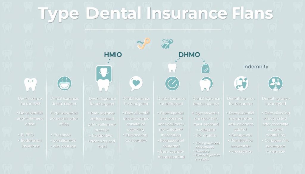 A detailed infographic showcasing different types of dental insurance plans. The foreground features clear visuals and icons representing common plan types such as PPO, HMO, DHMO, and Indemnity. The middle ground includes concise explanations of each plan's key features, coverage levels, and cost structures. The background depicts a clean, minimalist dental-themed pattern in soft, muted colors to create a professional, educational tone. The overall composition uses a balanced, grid-like layout to provide a clear, easy-to-understand overview of the dental insurance landscape.