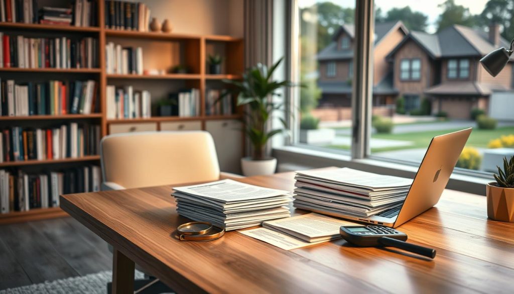 A modern home office with a large wooden desk and a cozy armchair. On the desk, a laptop and a stack of documents, with a magnifying glass and a calculator. In the background, a bookshelf filled with reference books and a window overlooking a vibrant suburban neighborhood. Soft, warm lighting illuminates the scene, creating a professional yet welcoming atmosphere. The focus is on the stack of documents, which represent family dental insurance quotes, conveying the idea of researching and comparing options for affordable family dental plans.