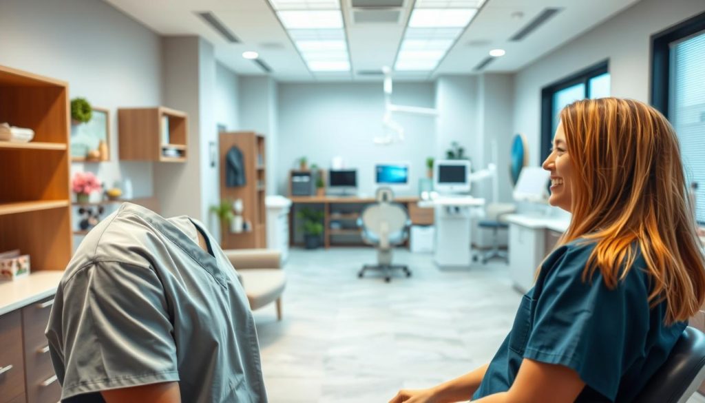 A modern, well-equipped dental office with a warm, inviting atmosphere. In the foreground, a friendly dentist in scrubs consults with a patient, conveying compassion and professionalism. The middle ground features a clean, organized reception area with comfortable seating and calming decor. In the background, the latest dental technology and equipment are visible, suggesting advanced, affordable care. Soft, diffused lighting creates a sense of calm and reassurance. The overall scene evokes a positive, accessible dental experience that is both high-quality and budget-friendly.