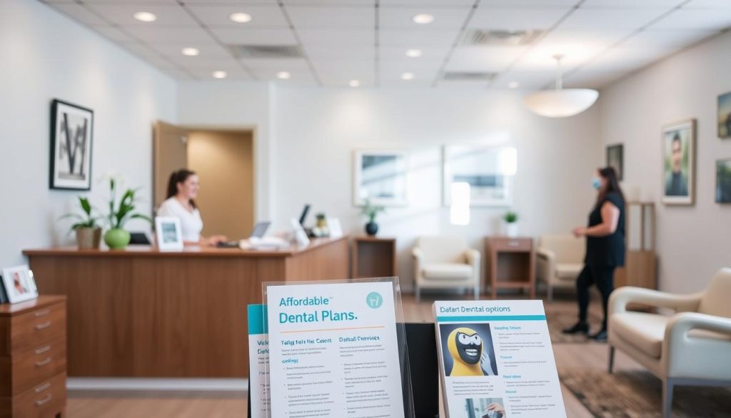 A serene, well-lit dental office interior with clean, modern furnishings. In the foreground, a display showcasing affordable dental plan options, including brochures and information pamphlets. The middle ground features a receptionist's desk, with a smiling staff member assisting a patient. In the background, a clean, inviting waiting area with comfortable chairs and calming artwork on the walls. The overall atmosphere conveys a sense of professionalism, accessibility, and care, reflecting the "affordable dental coverage options" theme.