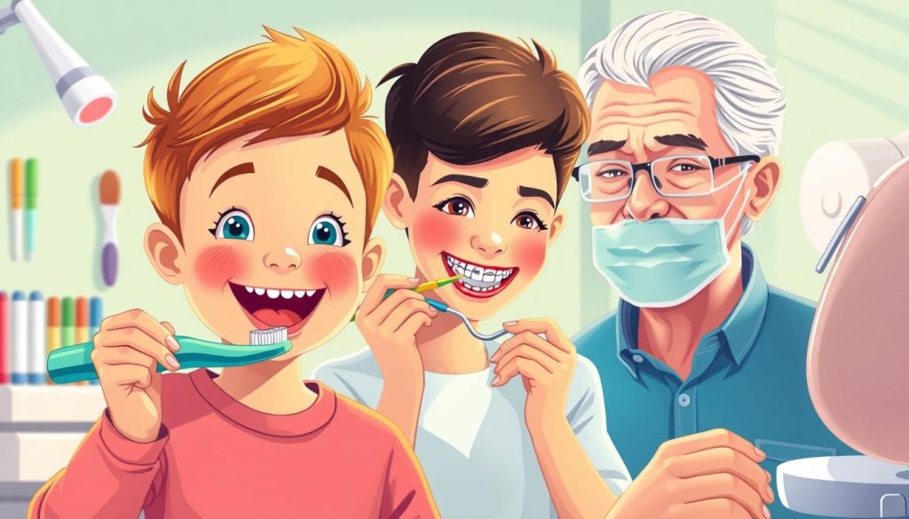 A vibrant, detailed illustration depicting comprehensive dental care for different life stages. In the foreground, a young child enthusiastically brushing their teeth, surrounded by colorful dental tools and a friendly dentist. In the middle ground, a teenager confidently flossing, with orthodontic braces visible. In the background, a mature adult undergoing a professional cleaning, their face reflecting the calm, reassuring atmosphere of the dental office. Soft, warm lighting illuminates the scene, emphasizing the importance of oral health at every stage of life. The composition conveys a sense of holistic, compassionate dental care that supports individuals from childhood to adulthood.