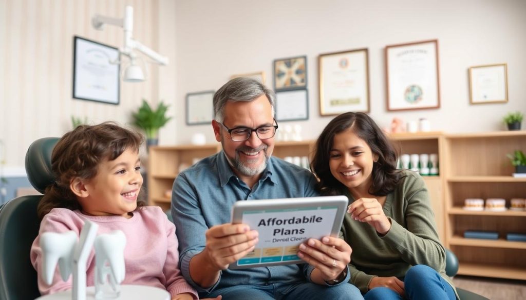 A warm, welcoming family dentist's office with soft lighting and natural wood accents. In the foreground, a smiling family sits together, discussing affordable dental plan options on a tablet. The middle ground showcases dental hygiene tools and teeth models, conveying the importance of preventative care. In the background, diplomas and certifications hang on the walls, instilling a sense of trust and professionalism. The overall atmosphere is one of comfort, care, and financial accessibility, capturing the essence of budget-friendly dental coverage for families.