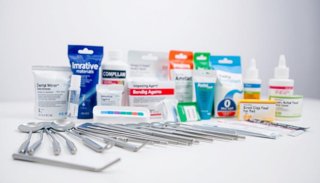 A well-lit, closeup photograph of an assortment of affordable dental supplies and materials. In the foreground, a row of high-quality dental instruments such as dental mirrors, probes, and scalers arranged neatly on a plain surface. In the middle ground, various dental materials like composite resins, bonding agents, and impression materials in their original packaging, showcasing their affordability and practicality. The background features a blurred, clean white or light gray backdrop, creating a professional and clinical atmosphere. The overall composition emphasizes the accessibility and versatility of these essential low-cost dental equipment options.
