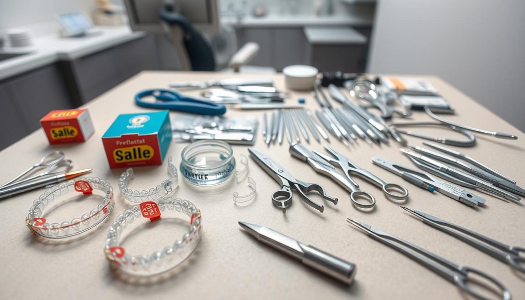 A well-lit, high-angle shot of an array of discounted dental tools and equipment laid out on a clean, neutral-toned background. In the foreground, various dental appliances such as braces, retainers, and clear aligners are displayed prominently, each marked with eye-catching sale tags. The middle ground features an assortment of dental instruments, including pliers, scalpels, and sterilized tools, all neatly organized. In the background, a blurred, out-of-focus image of a professional dental office or clinic setting, conveying a sense of trust and reliability. The overall mood is one of accessibility, affordability, and quality, capturing the essence of the "Discount Dental Tools & Equipment - Best Prices Online" article.