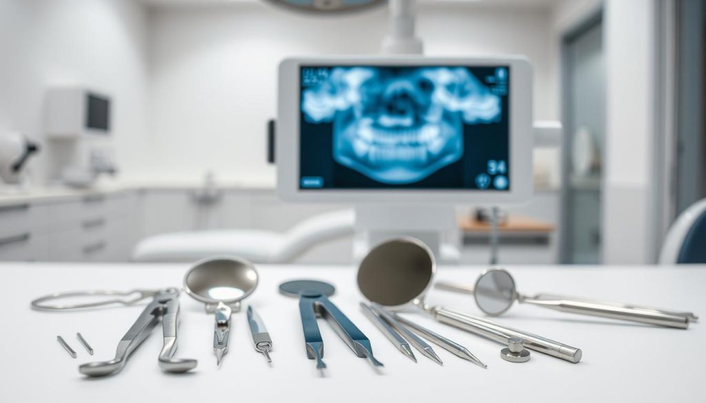 A well-lit, high-quality professional medical photography setup captures a still life scene of discounted dental equipment. In the foreground, an array of surgical tools, including stainless steel pliers, picks, and mirrors, are arranged neatly on a plain white background. In the middle ground, an X-ray viewer displays a clear image, showcasing the intricate details of a patient's dental structure. The background features a blurred, out-of-focus view of a modern, clean dental office, conveying a sense of quality and reliability. The overall mood is one of clinical precision and attention to detail, highlighting the high-caliber nature of the discounted equipment on display.