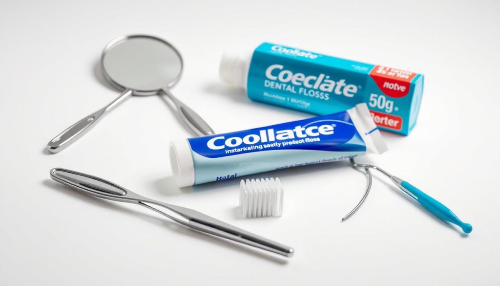 A well-lit, high-quality studio shot of an assortment of affordable dental supplies, including a dental mirror, dental floss, toothpaste, a dental scaler, and a dental pick, arranged neatly on a clean, white surface. The items are positioned to showcase their features and functionality, with a focus on the quality and cost-effectiveness of the products. The lighting is soft and even, creating a professional and inviting atmosphere, while the camera angle provides a clear and detailed view of the supplies.