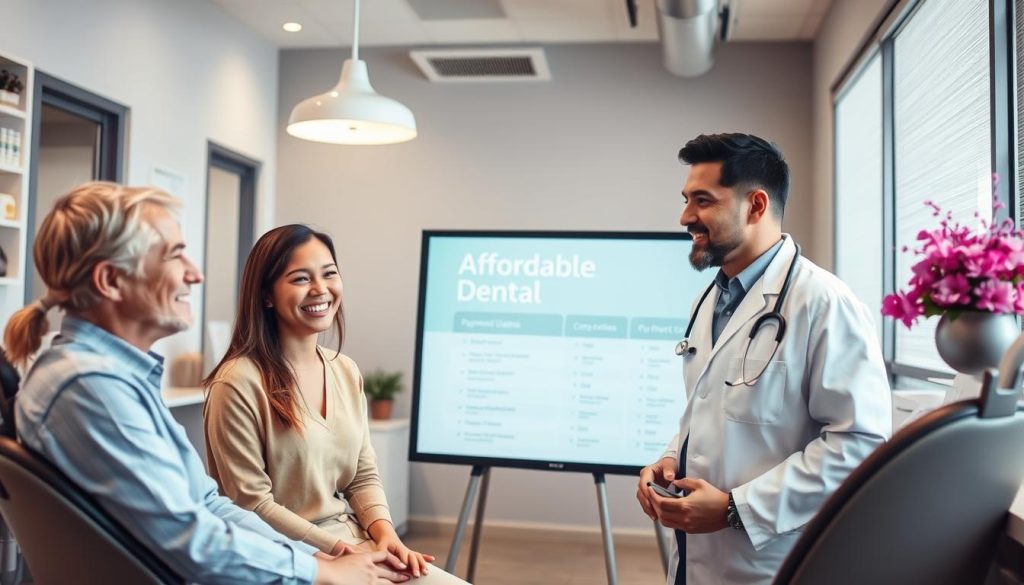 A well-lit, modern dental office with a welcoming, approachable atmosphere. In the foreground, a smiling patient discussing treatment options with a friendly dentist. In the middle ground, a display showcasing a range of affordable dental services and payment plans. The background features a clean, minimalist design with muted colors, conveying a sense of professionalism and care. The overall scene aims to depict accessible, budget-friendly dental care that puts patients at ease.