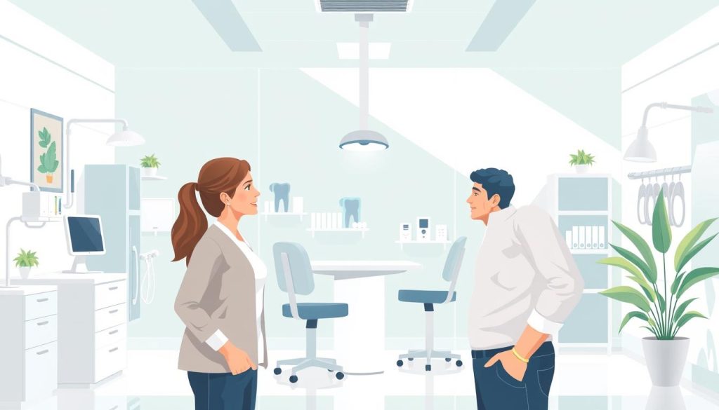 Dental insurance alternatives: a sleek, modern illustration depicting a vibrant dental clinic. In the foreground, two individuals engaged in a discussion, conveying the concept of dental discount plans versus traditional insurance. The middle ground showcases various dental tools and equipment, symbolizing the healthcare services offered. The background features a minimalist, yet sophisticated design, with clean lines and a calming color palette, creating an atmosphere of professionalism and trust. Soft, natural lighting illuminates the scene, enhancing the sense of comfort and approachability. The overall composition strikes a balance between the practical aspects of dental care and the thoughtful consideration of alternative solutions.
