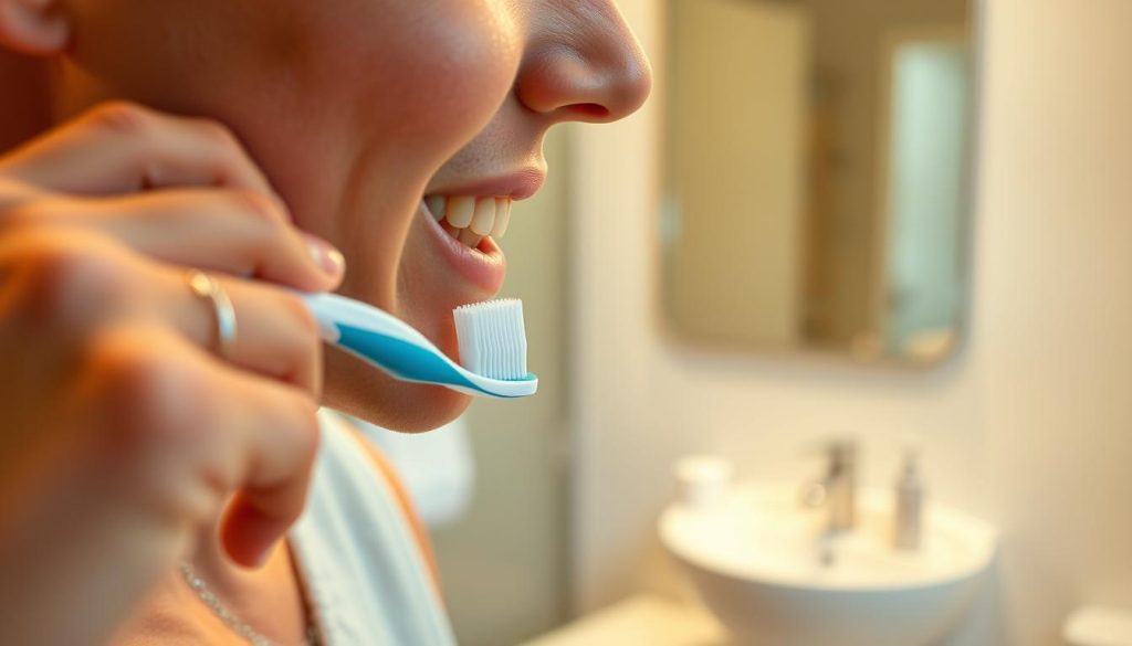 Detailed, high-quality image of proper dental brushing technique, captured with a soft, warm lighting setup and a wide-angle lens. The scene depicts a person's upper body, hands, and face in the foreground, with a bathroom mirror and sink visible in the middle ground. The person's face and hands are in focus, showcasing the correct technique of holding the toothbrush at a 45-degree angle and gently brushing in small circular motions. The overall mood is calm, serene, and educational, conveying the importance of daily dental care.