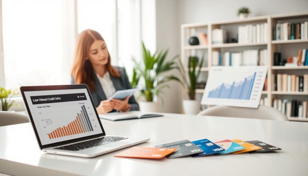 A clean, modern office setting showcasing a side-by-side comparison of low-interest credit card offers. In the foreground, a sleek desk with a laptop displaying a dynamic chart of interest rates, alongside various credit cards arranged in an organized manner. In the middle, a professional businesswoman in a smart outfit is taking notes while analyzing the chart on the laptop, conveying focus and diligence. The background shows a well-lit office with potted plants and a bookshelf filled with financial books, contributing to a scholarly atmosphere. Soft, natural lighting enhances clarity, with a slight focus depth emphasizing the cards and the laptop. The overall mood is informative and professional, inviting readers to learn about credit card comparisons.