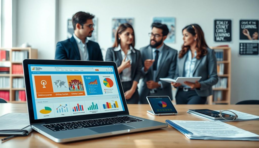 A digital workspace illustrating a comparison of e-learning platforms. In the foreground, include a sleek laptop displaying colorful graphics and data charts about various online courses. Surrounding the laptop, place organized notes, a tablet showcasing an educational app, and a notepad with highlighted criteria for evaluation. In the middle ground, a diverse group of three professionals in business attire, deeply engaged in discussion, with gestures indicating analysis and brainstorming. In the background, a well-lit modern office environment with bookshelves and motivational posters about learning. Soft, diffused lighting enhances focus on the subjects, giving a collaborative and productive atmosphere. The image should evoke a sense of professionalism, innovation, and modern technology in the educational field.