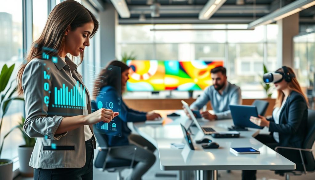 A modern office setting showcasing a diverse team of professionals engaged in learning and collaboration around emerging technology skills. In the foreground, a woman in a smart casual outfit is interacting with a holographic interface displaying digital graphs and code. In the middle, a group of two men and a woman are seated at a sleek conference table, analyzing data on laptops, surrounded by high-tech gadgets like tablets and VR headsets. The background features a bright, airy workspace with large windows, colorful digital screens, and plants, creating a vibrant and inspiring atmosphere. Soft, natural lighting filters through the windows, providing a warm and inviting mood. A slight depth of field effect focuses on the team’s interaction, emphasizing the dynamic nature of digital literacy and collaboration in technology. A modern office setting showcasing a diverse team of professionals engaged in learning and collaboration around emerging technology skills. In the foreground, a woman in a smart casual outfit is interacting with a holographic interface displaying digital graphs and code. In the middle, a group of two men and a woman are seated at a sleek conference table, analyzing data on laptops, surrounded by high-tech gadgets like tablets and VR headsets. The background features a bright, airy workspace with large windows, colorful digital screens, and plants, creating a vibrant and inspiring atmosphere. Soft, natural lighting filters through the windows, providing a warm and inviting mood. A slight depth of field effect focuses on the team’s interaction, emphasizing the dynamic nature of digital literacy and collaboration in technology.