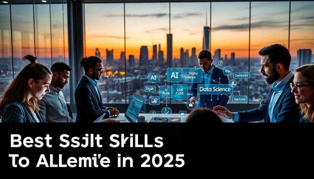 A professional and visually engaging depiction of the best skills to learn in 2025. The foreground features diverse individuals in business attire, engaged in various activities: a woman coding on a laptop, a man analyzing data on a digital screen, and a group brainstorming around a table with holographic projections of skills like AI, Data Science, and Digital Marketing. In the middle, an immersive, futuristic office environment with sleek design elements, such as glass walls and high-tech gadgets. The background showcases a city skyline at dusk, with soft, ambient lighting casting a warm glow over the scene. The mood is aspirational and innovative, emphasizing a bright future filled with opportunities for professional growth. A professional and visually engaging depiction of the best skills to learn in 2025. The foreground features diverse individuals in business attire, engaged in various activities: a woman coding on a laptop, a man analyzing data on a digital screen, and a group brainstorming around a table with holographic projections of skills like AI, Data Science, and Digital Marketing. In the middle, an immersive, futuristic office environment with sleek design elements, such as glass walls and high-tech gadgets. The background showcases a city skyline at dusk, with soft, ambient lighting casting a warm glow over the scene. The mood is aspirational and innovative, emphasizing a bright future filled with opportunities for professional growth.