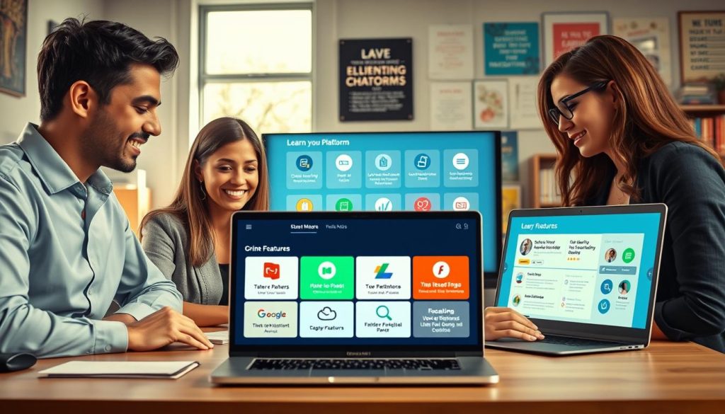 A visually engaging comparison of online education platforms, featuring an organized workspace that includes a laptop displaying various learning platforms side by side. In the foreground, diverse, professionally dressed individuals—two men and two women—analyze the platforms, looking focused and engaged. The middle ground displays a large screen highlighting key features of the platforms with icons representing various subjects, interactive tools, and user ratings. In the background, a modern office environment filled with educational bookshelves and motivational posters, softly illuminated by natural light streaming through a window, creating a warm and inviting atmosphere. The camera angle is slightly elevated, capturing both the individuals and the screen prominently, to convey an informative and professional mood.