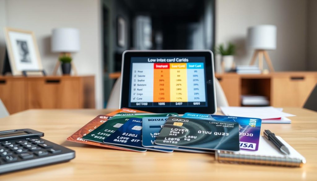 A well-organized tabletop scene showcasing a low-interest credit card comparison. In the foreground, feature several credit cards neatly arranged in a fan shape, with clear focus on their lower interest rate percentages. Include a calculator and a notepad with a pen, symbolizing the evaluation process. In the middle, display an attractive digital tablet showing a detailed credit card comparison chart, with vibrant colors to highlight the differences. In the background, a blurred-out office setting with neutral tones conveys a professional atmosphere, illuminated by soft, natural lighting. Capture the angle slightly from above to encompass both the cards and the tablet. This image should evoke a sense of clarity and informed decision-making.