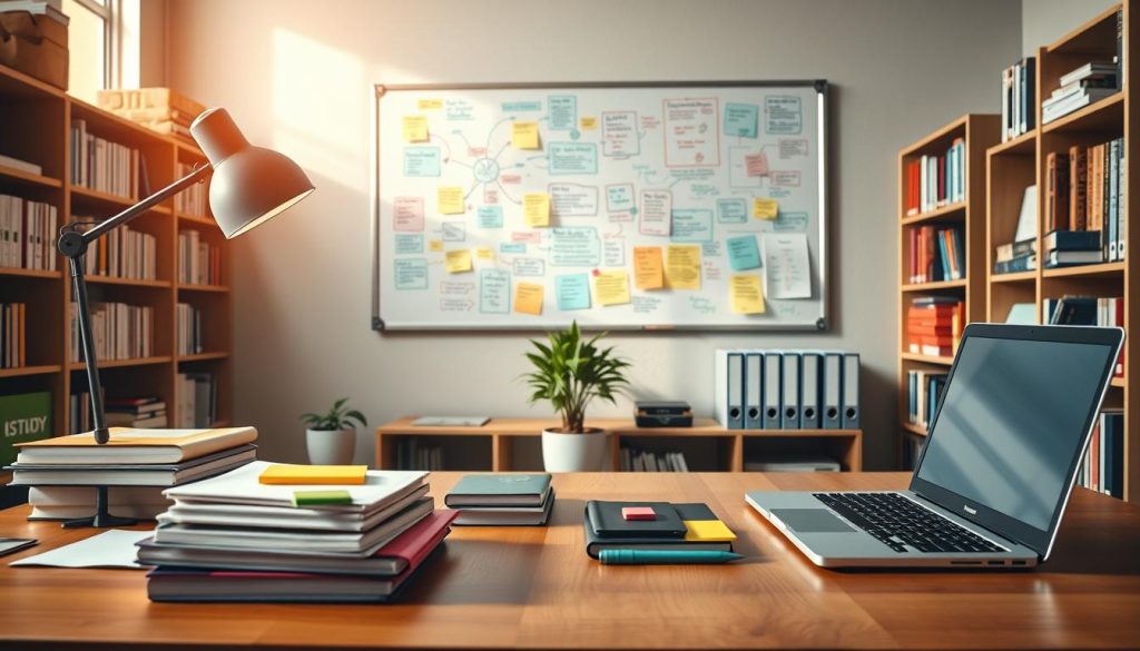 A well-organized workspace scene designed for students, featuring a wooden desk in the foreground with neatly stacked notebooks, colorful sticky notes, and a laptop open to a study app. A modern desk lamp casts a warm glow, enhancing the atmosphere of focus and productivity. In the middle, a whiteboard filled with colorful mind maps and study notes is mounted on the wall, showcasing effective organization. The background includes bookshelves filled with textbooks and binders, emphasizing a conducive study environment. Natural light filters through a large window, casting soft shadows, while a potted plant adds a touch of greenery. The mood is inspiring and studious, reflecting a productive study session focusing on organization and note-taking methods.