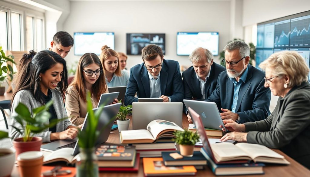 An engaging digital learning scene showcasing the advantages of digital skills for learners of all ages. In the foreground, a diverse group of individuals—young adults, middle-aged professionals, and seniors—actively engaged in online learning, using laptops and tablets. Each person displays a sense of concentration and enthusiasm, dressed in smart casual clothing. In the middle ground, a bright, modern workspace filled with books, plants, and digital screens displaying graphs and educational content. The background features a well-lit room with large windows, allowing natural light to flood in, creating an uplifting atmosphere. The overall mood is positive and inspiring, emphasizing growth and opportunity in digital education. The scene captures an inviting environment that motivates continuous learning and development, with a soft focus to enhance the professional look of the image.